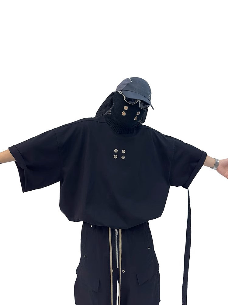 Grommet Detail Oversized Black Tee