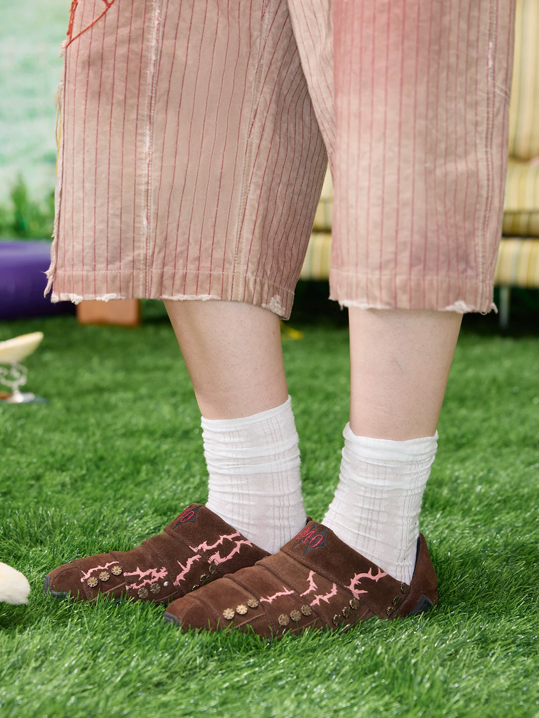 Embroidered Layered Suede Studded Mules - view 2