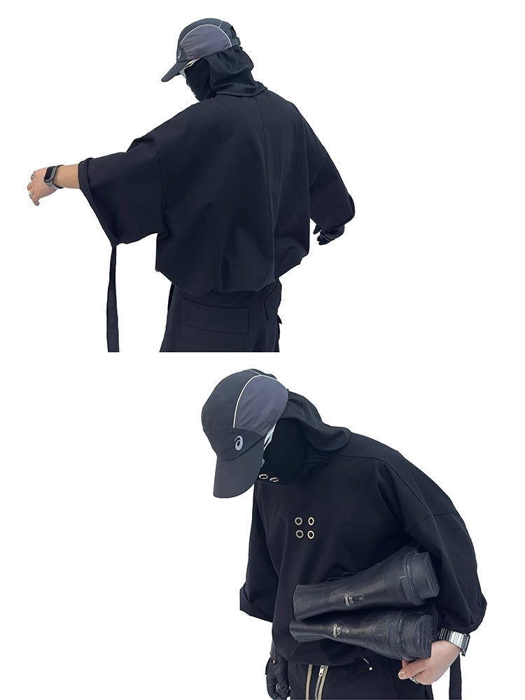 Grommet Detail Oversized Black Tee