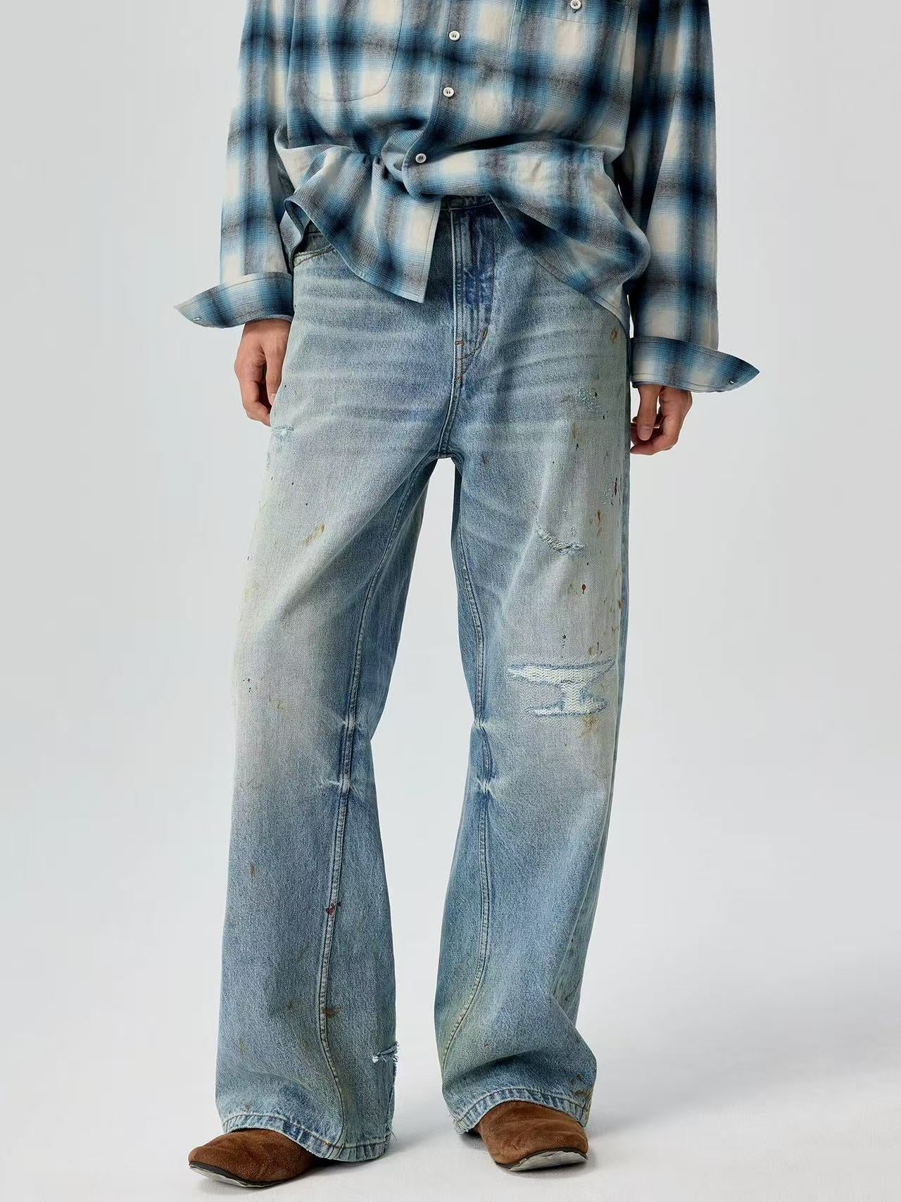 Splatter Distressed Twisted-Seam Jeans