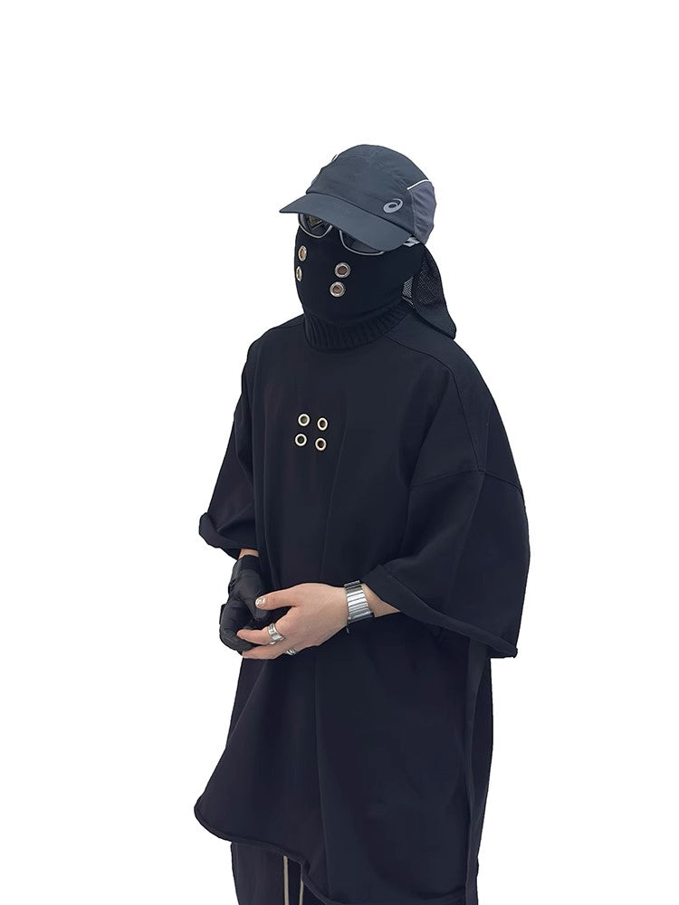 Grommet Detail Oversized Black Tee