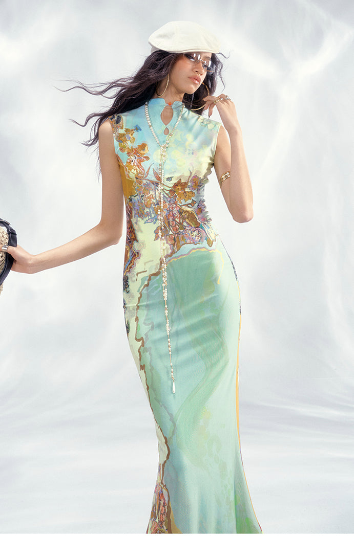 Mint Watercolor Oriental Bodycon Dress