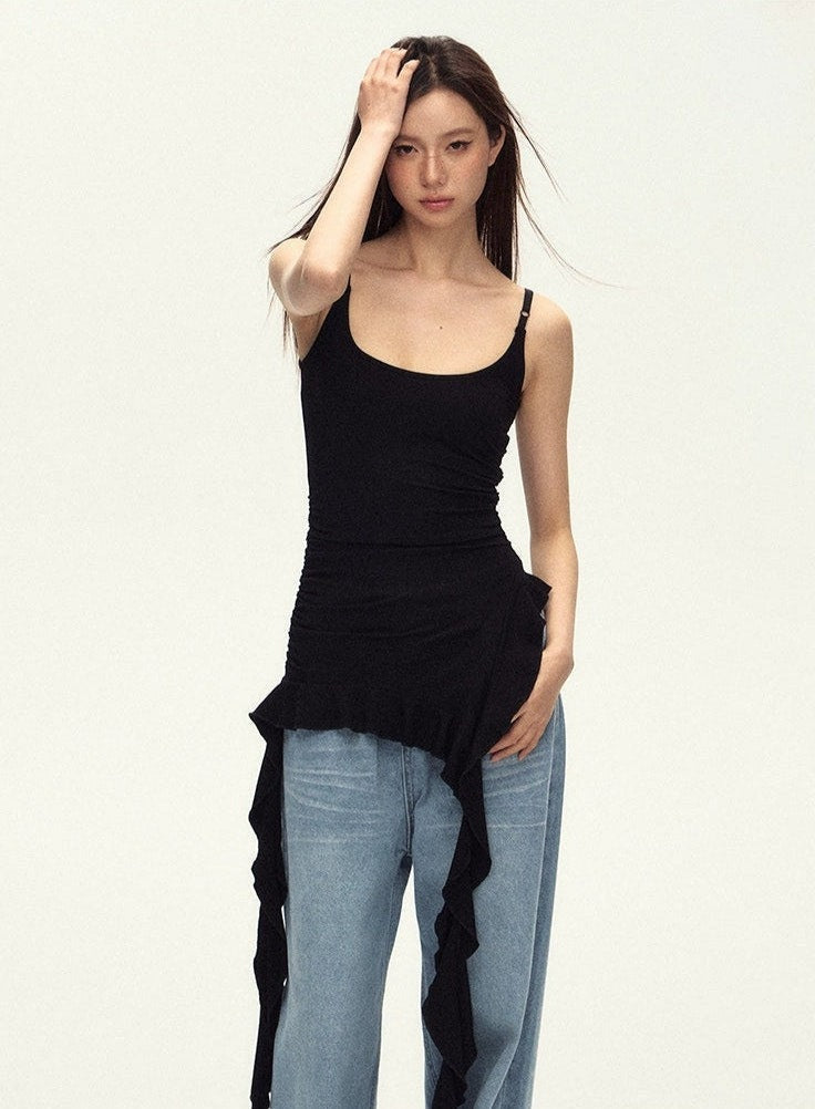Ruched Asymmetric Black Cami Top