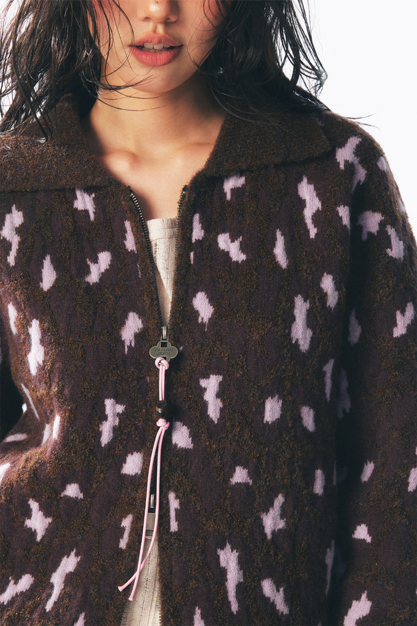 Strawberry Leopard Dual-Zip Knit Jacket