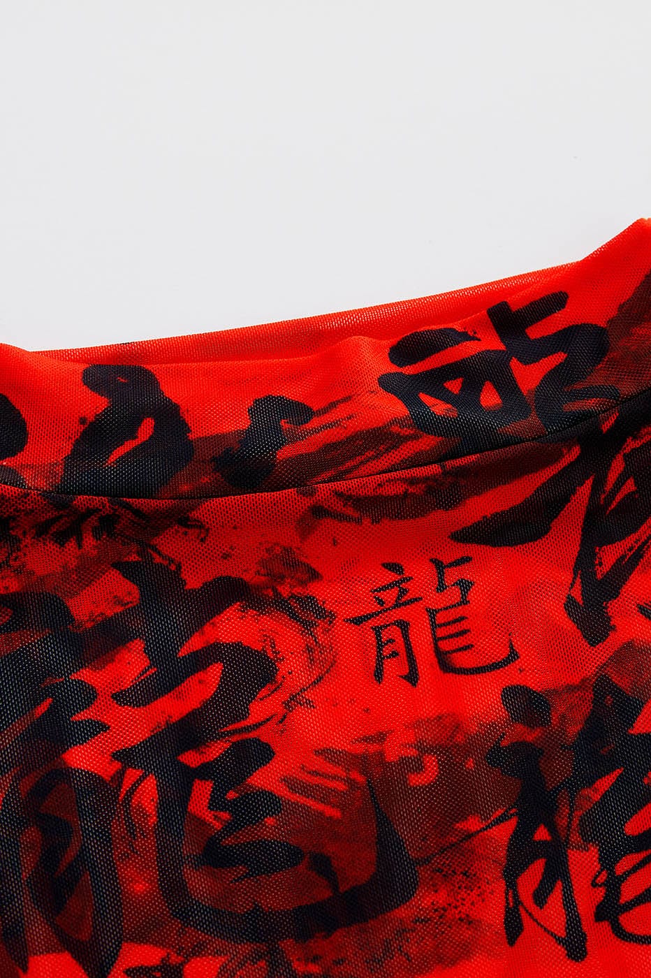 Red Chinese Calligraphy Print Turtleneck Mesh Top