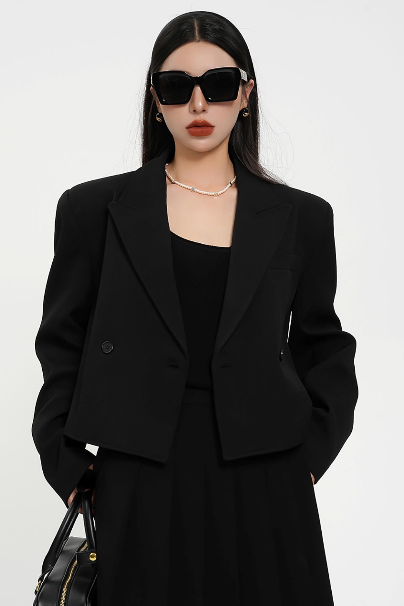 Olive Green Oversized Blazer - Double-Breasted Cropped Suit Jacket