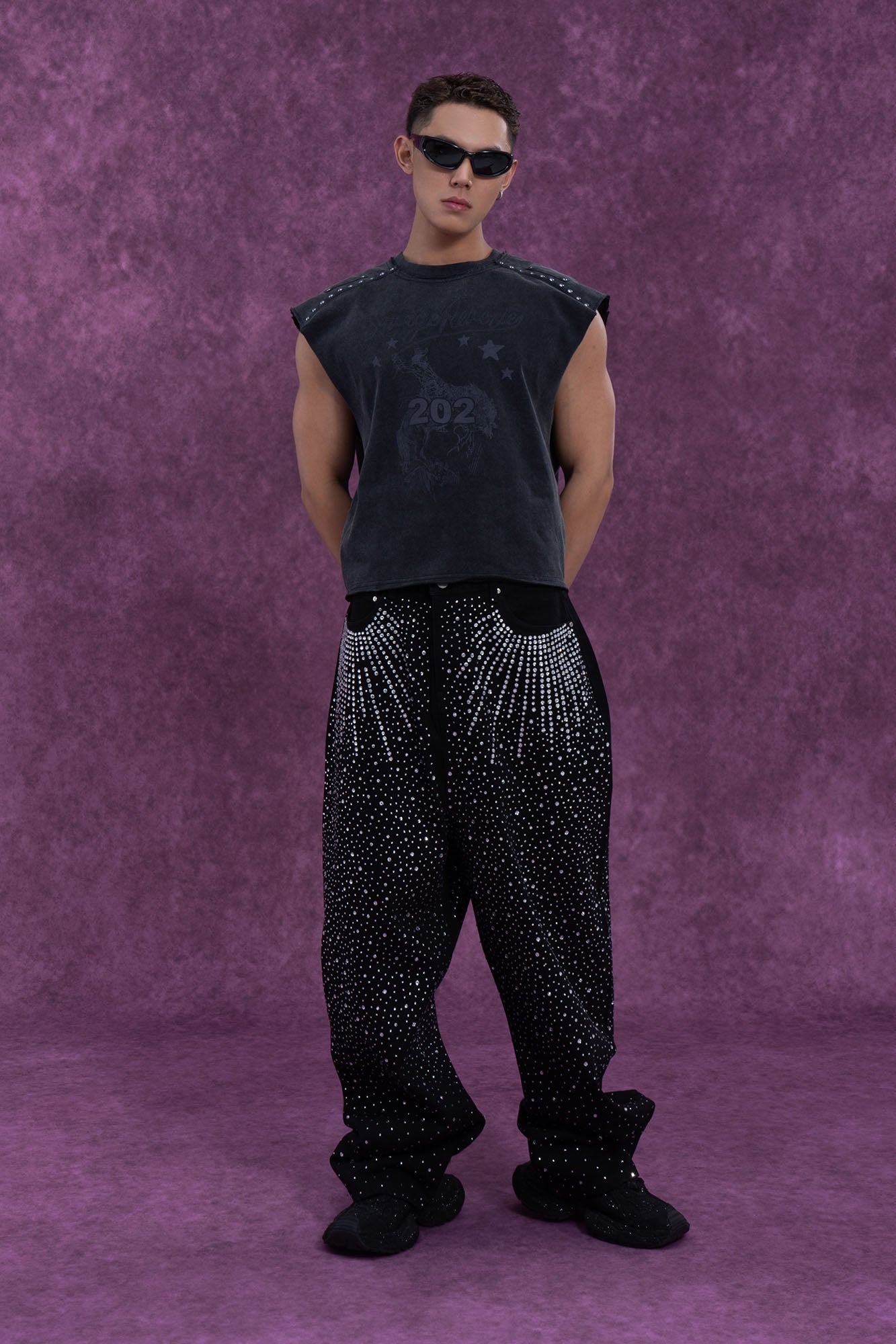 Black Rhinestone Embellished Jeans with Starburst Pattern