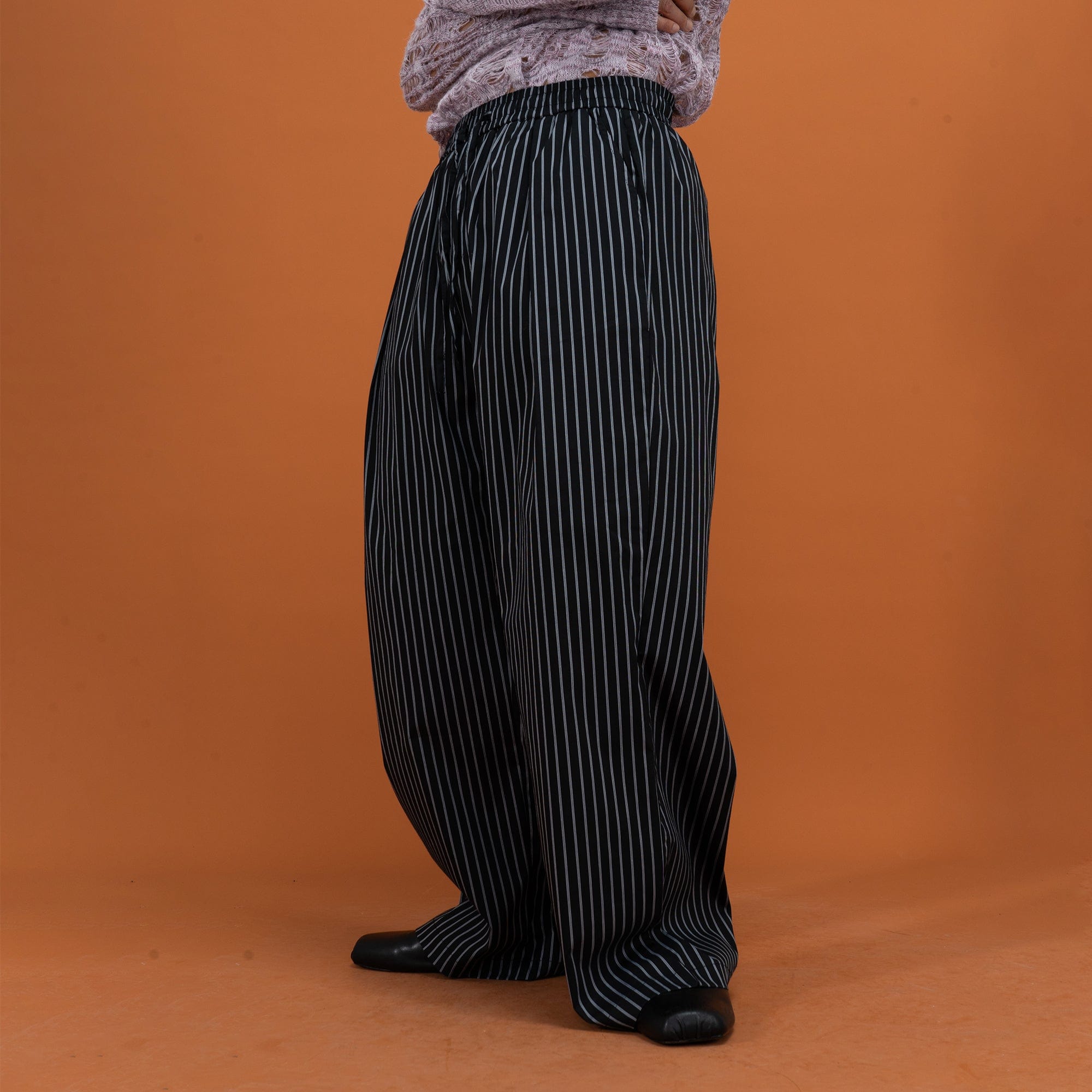 Blue Pinstripe Drawstring Wide-Leg Pants