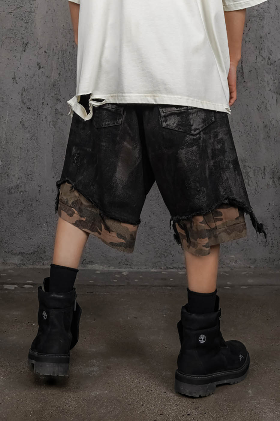 Layered Distressed Black Camo Shorts