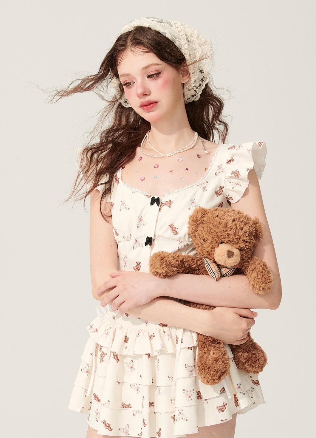 Adorable Bear-Themed Holiday Shirt and Skirt Set with Flutter Sleeves - chiclara