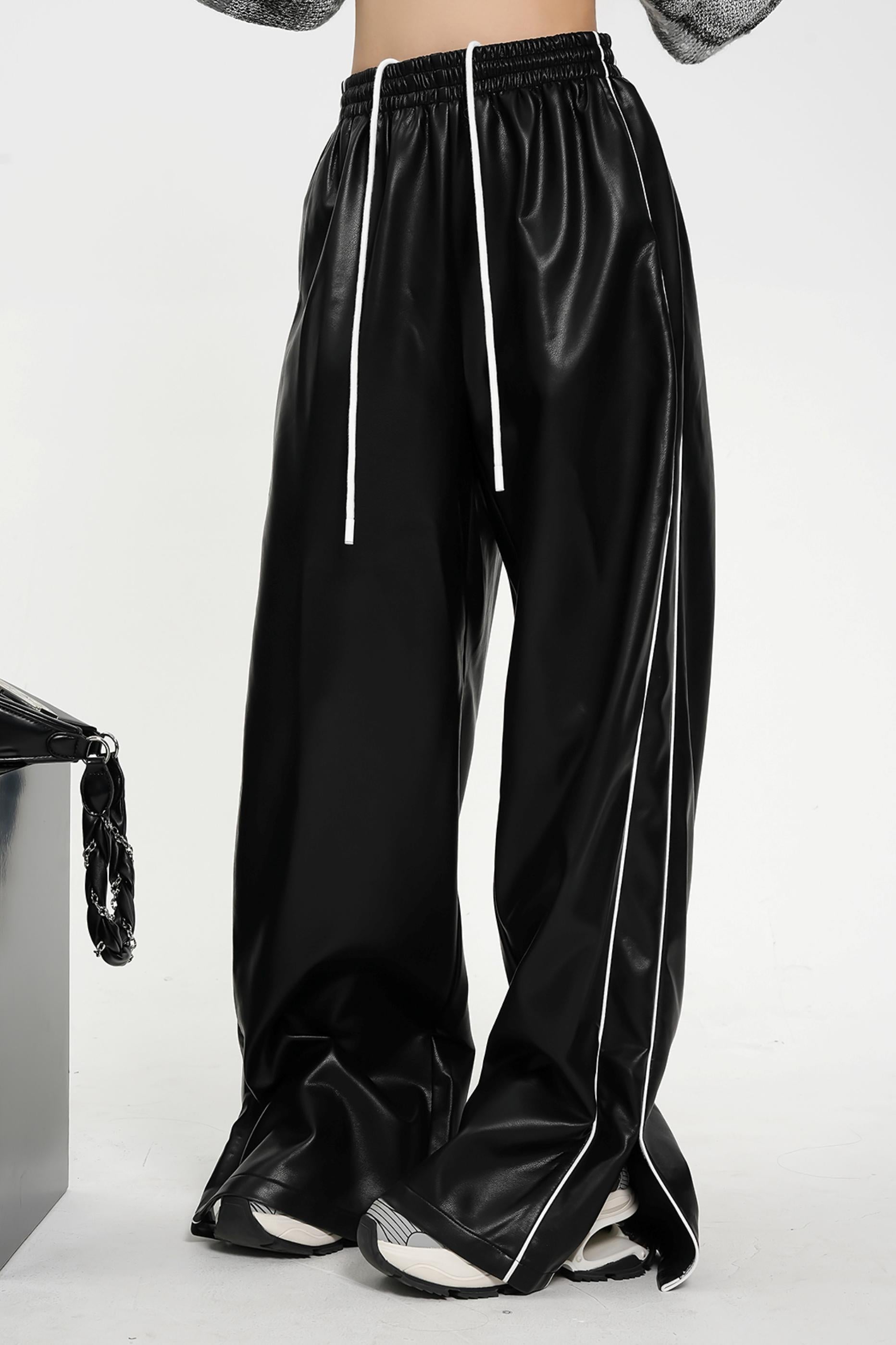 Luxe Satin-Look Drawstring Pants - Wide Leg Striped Track Bottoms