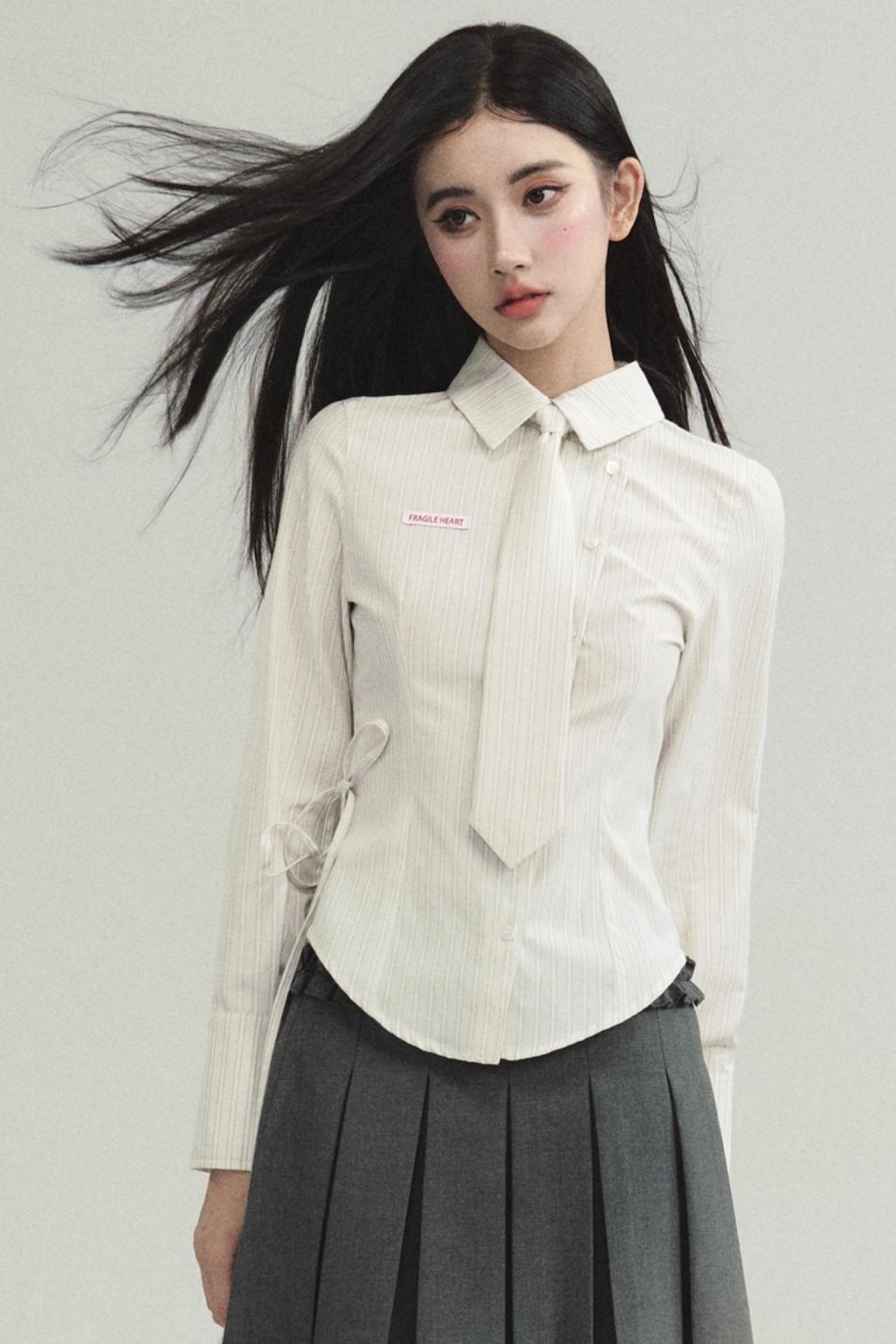 Avant-Garde Asymmetric White Button-Up Shirt with Side Tie Detail