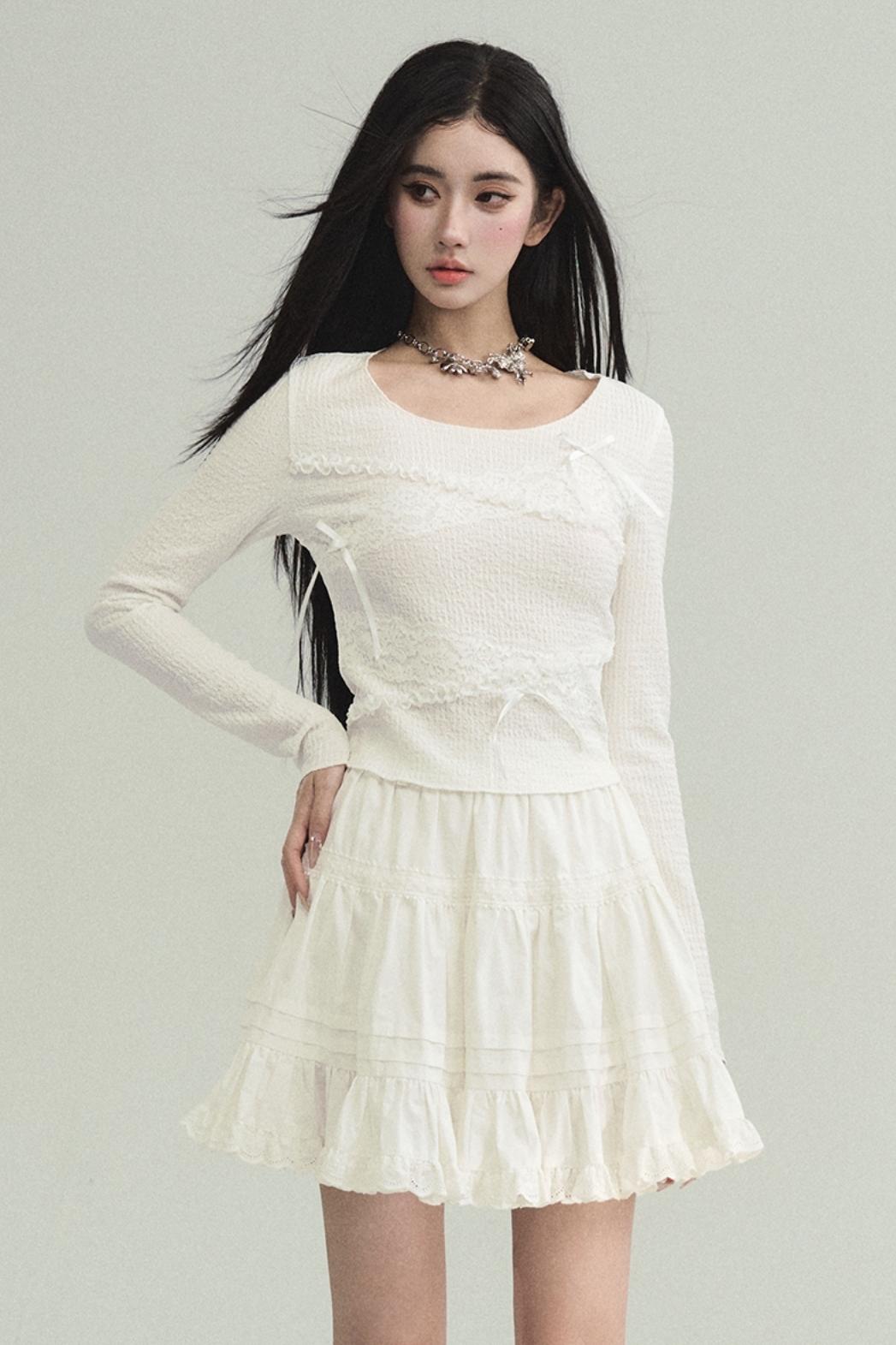 Ethereal Elegance: Ivory Long-Sleeve Crop Top with Asymmetrical Lace Overlay