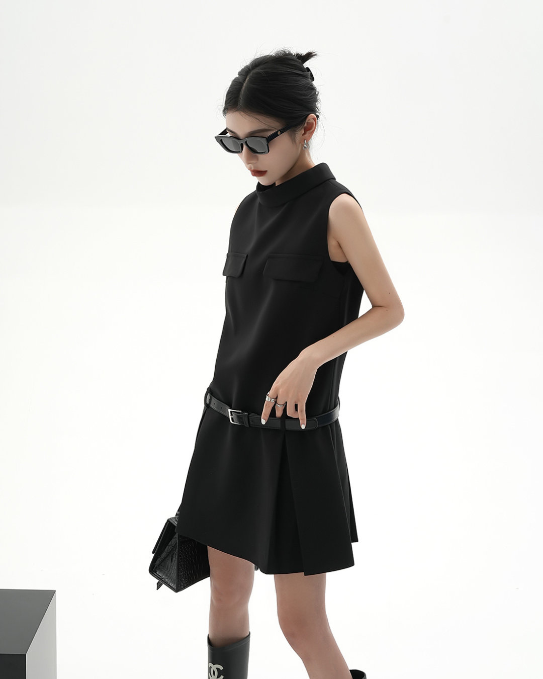 Sleeveless Mock Neck A-Line Dress - Belted Little Black Dress with Drop Waist