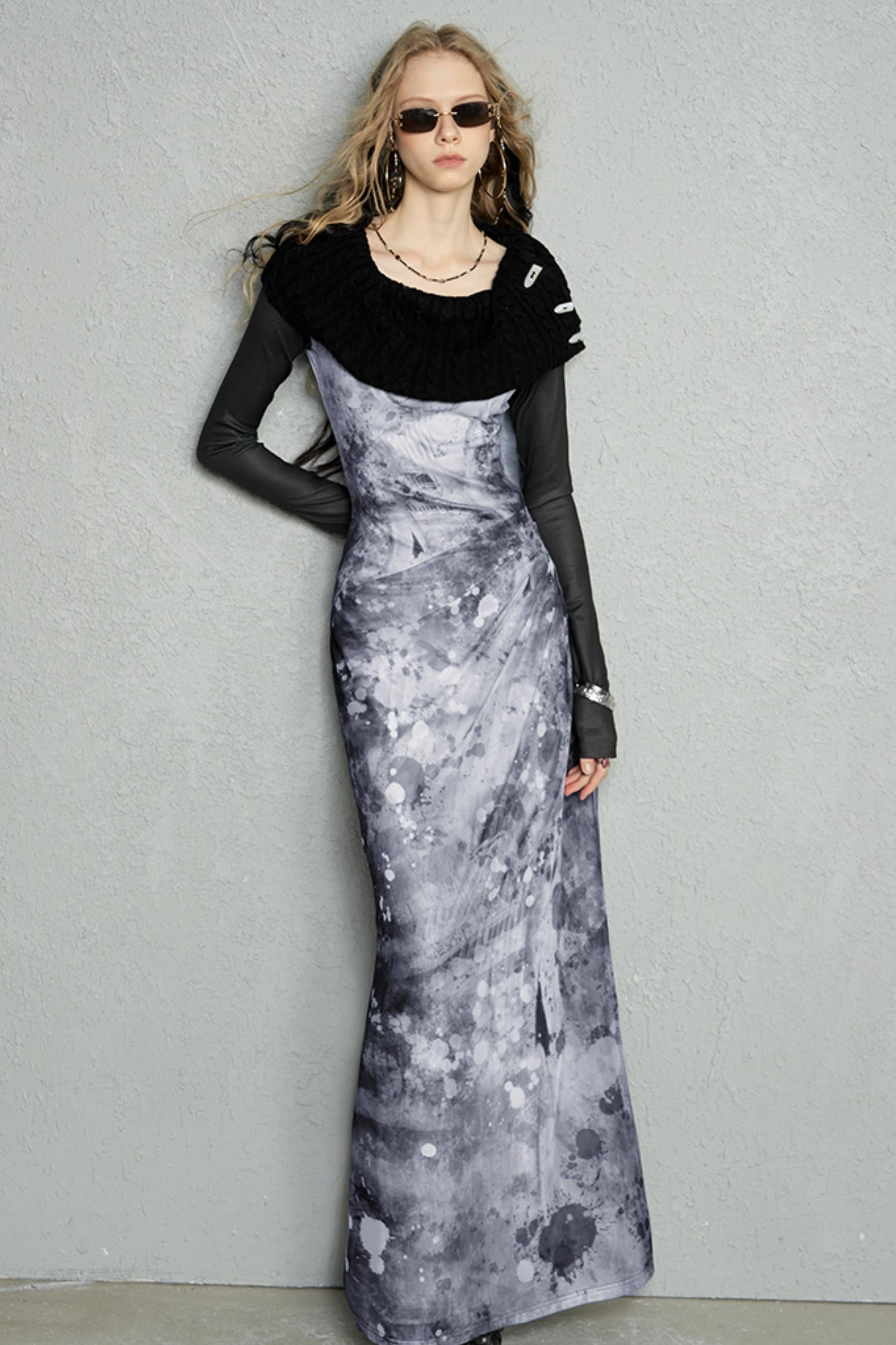 Abstract Paint Off-Shoulder Maxi Dress