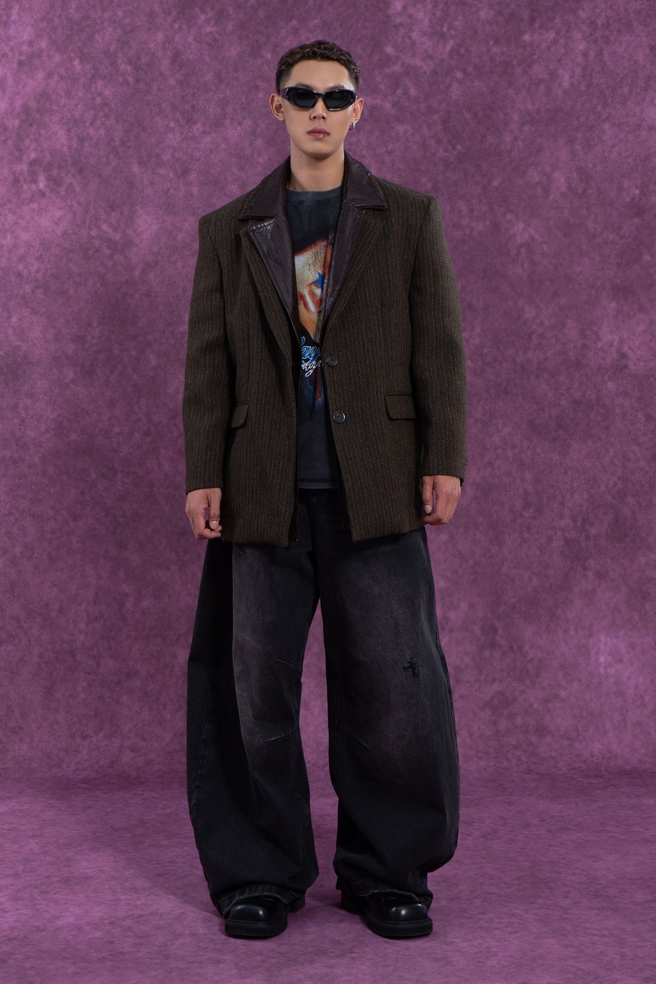 Vintage Herringbone Leather Collar Blazer