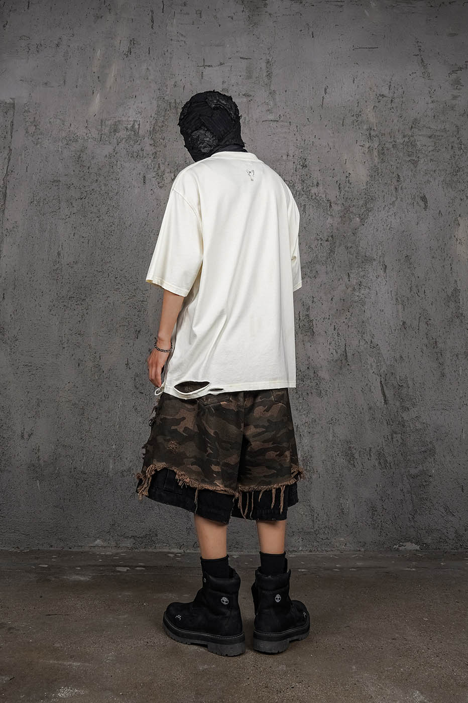 Double-Layered Shredded Camo Shorts