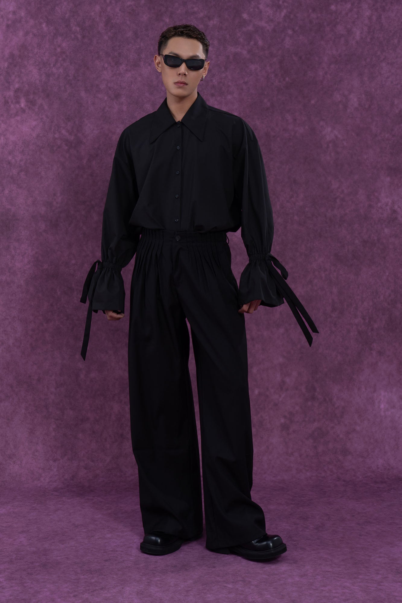 Pleated Waist Black Wide-Leg Trousers