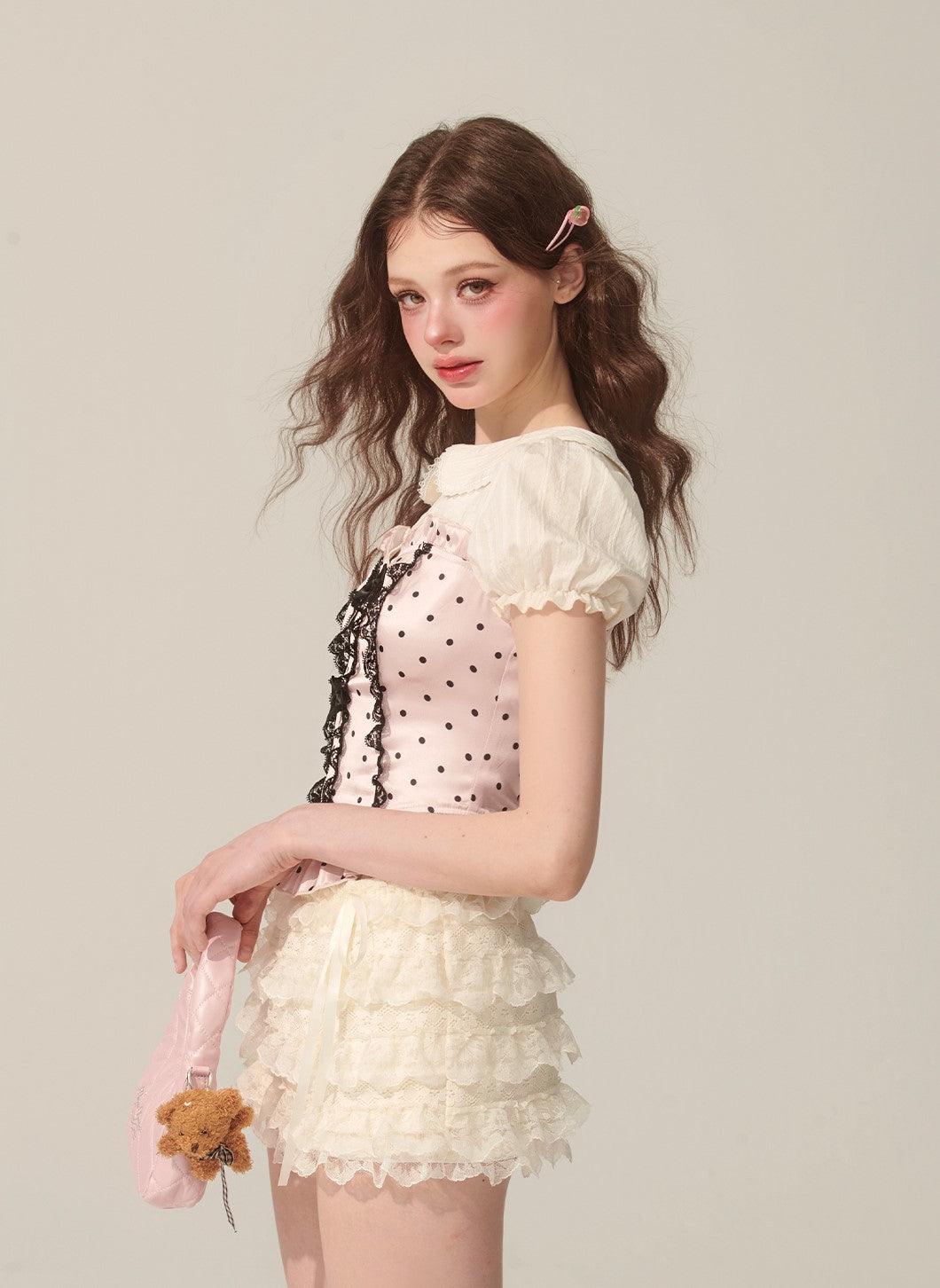 Vintage Heart Polka Dot Puff Sleeve Ballet Top - chiclara