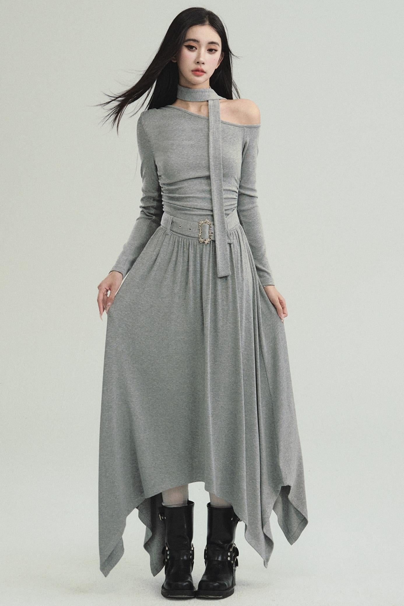 Cold Shoulder Choker Maxi Dress - Grey Gothic Asymmetric Dress