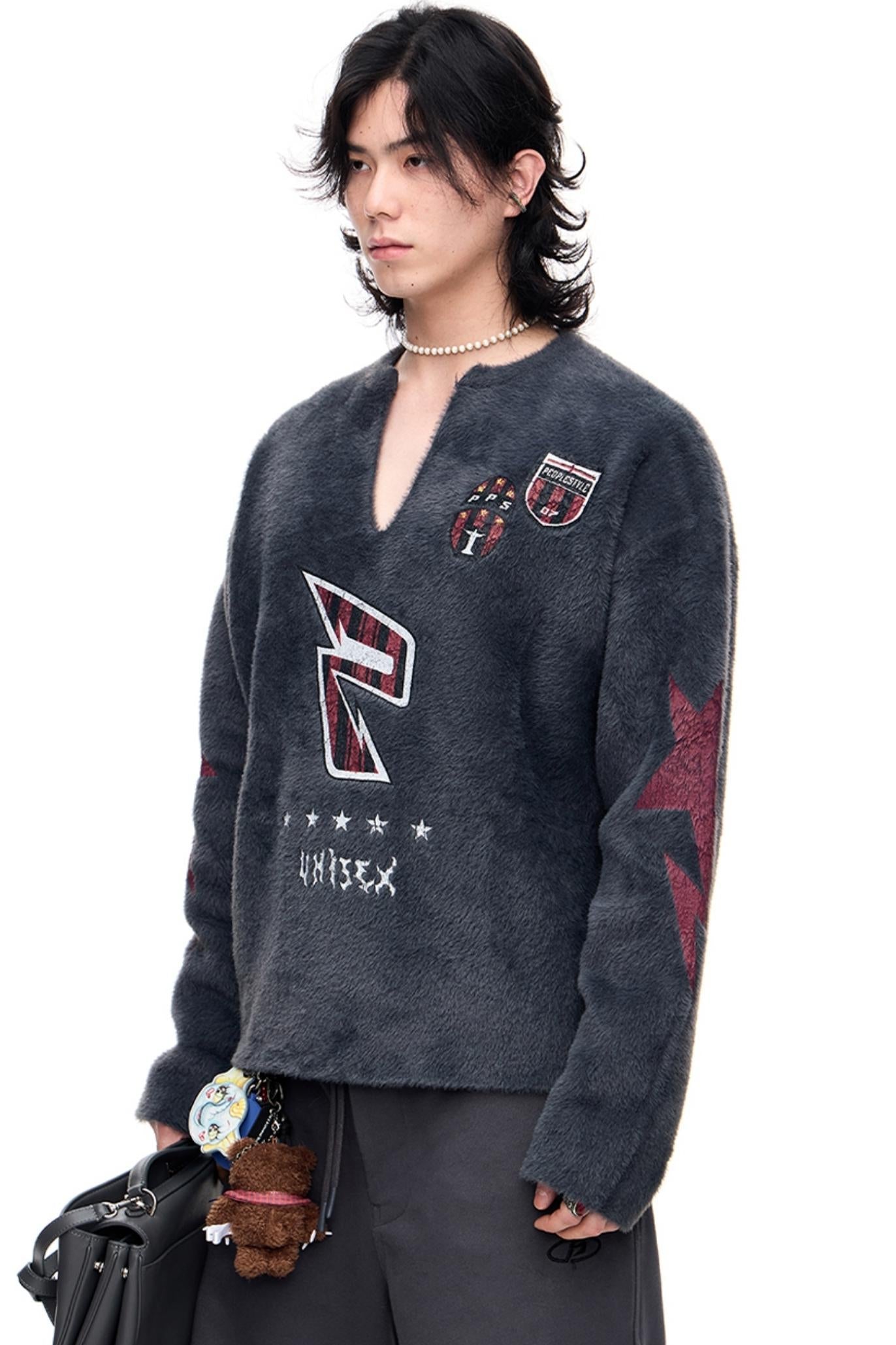 Men's Badge Print Faux Mink Sweater