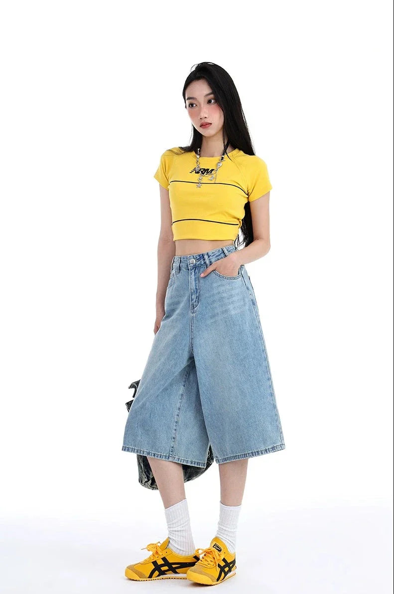 High Waist Denim Culotte Shorts