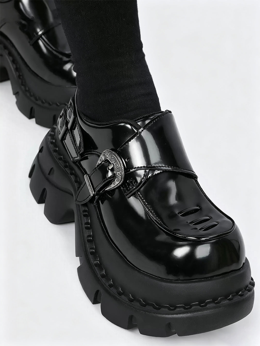 Glossy Buckle Lug-Platform Block-Heel Loafers - view 6