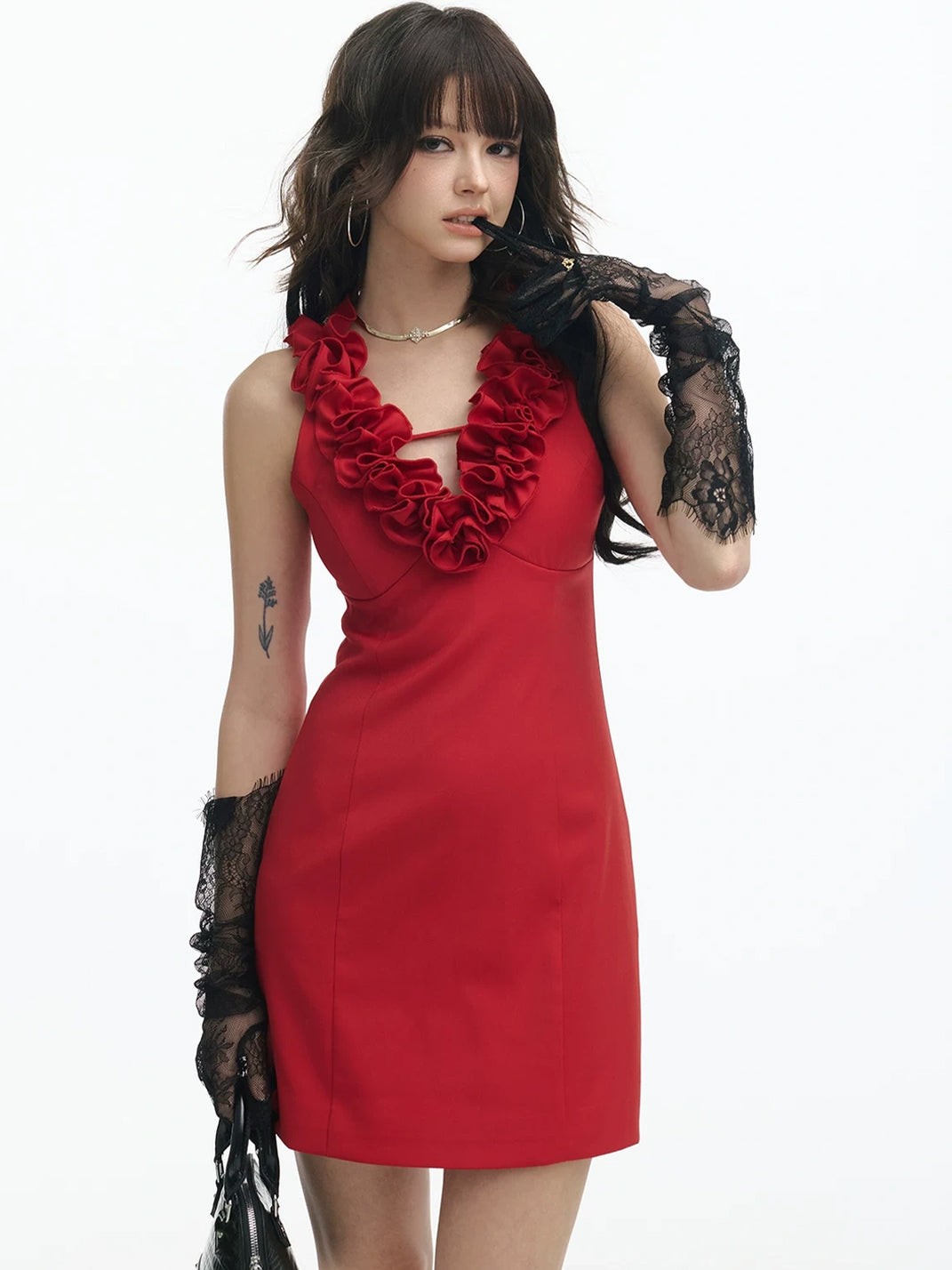 Crimson Rosette-Neck Tailored Mini Dress - view 3