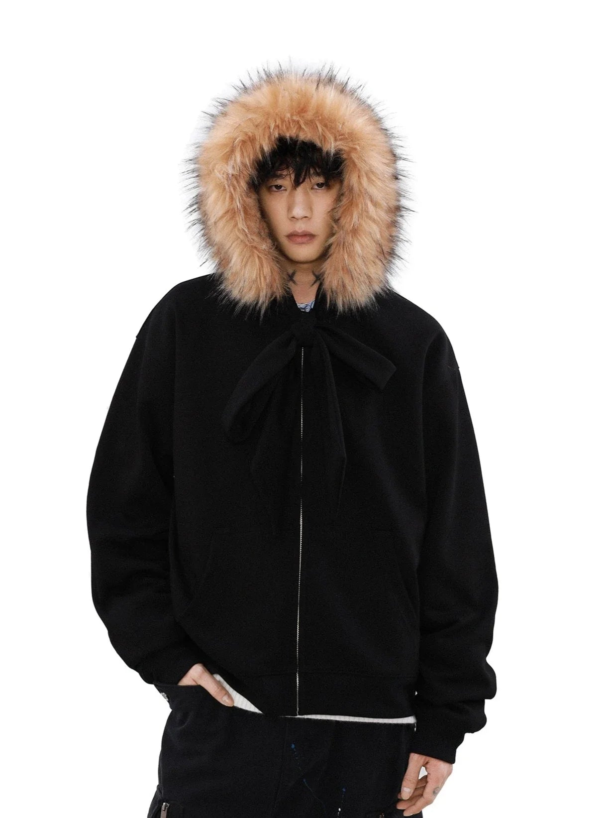 Faux Fur Hood Trim Zip-Up Hoodie