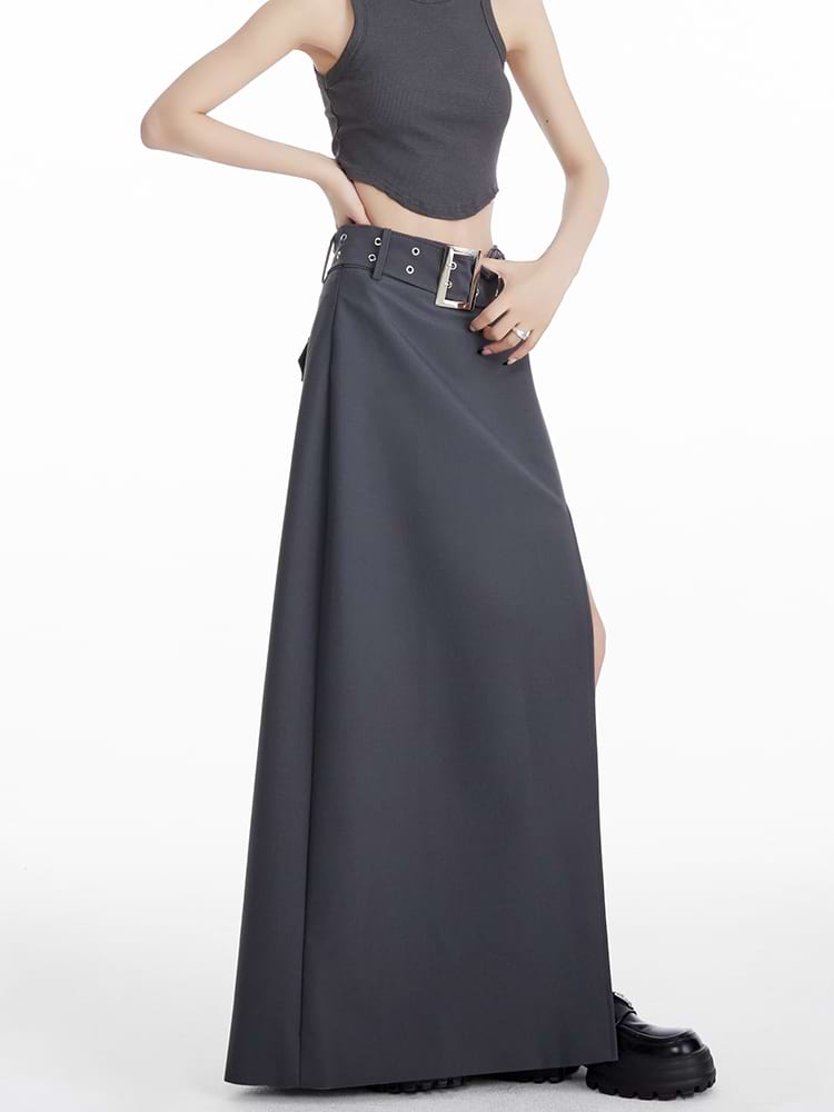 Maxi Skirt with Side Slit and Grommet Belt