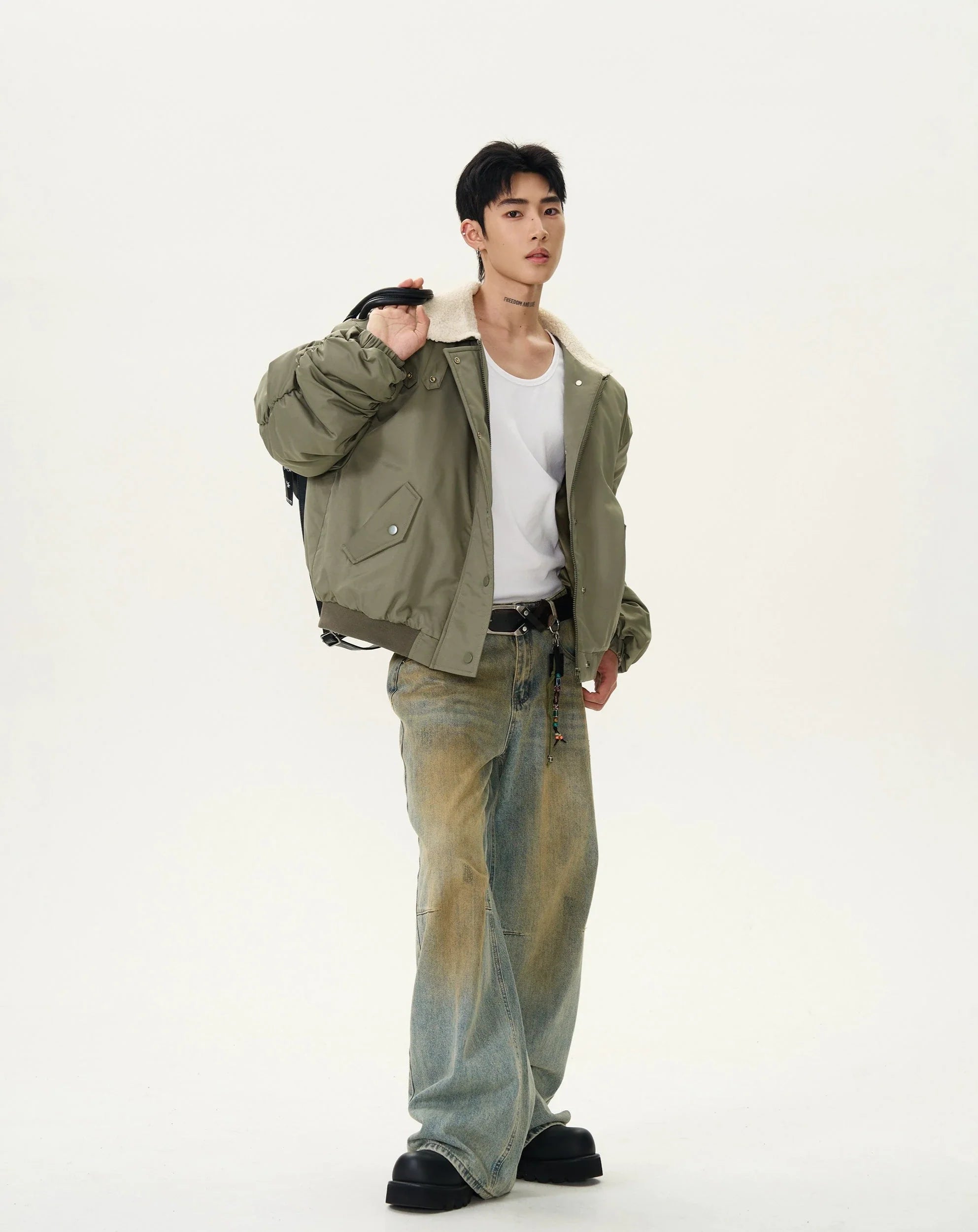 Ruched Sherpa Collar Military Bomber Jacket