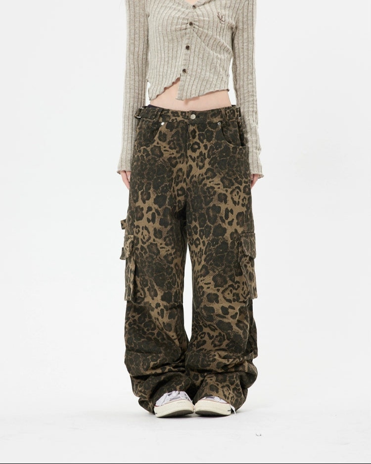 Double Sided Belt Leopard Print Wide Leg Cargo Pants