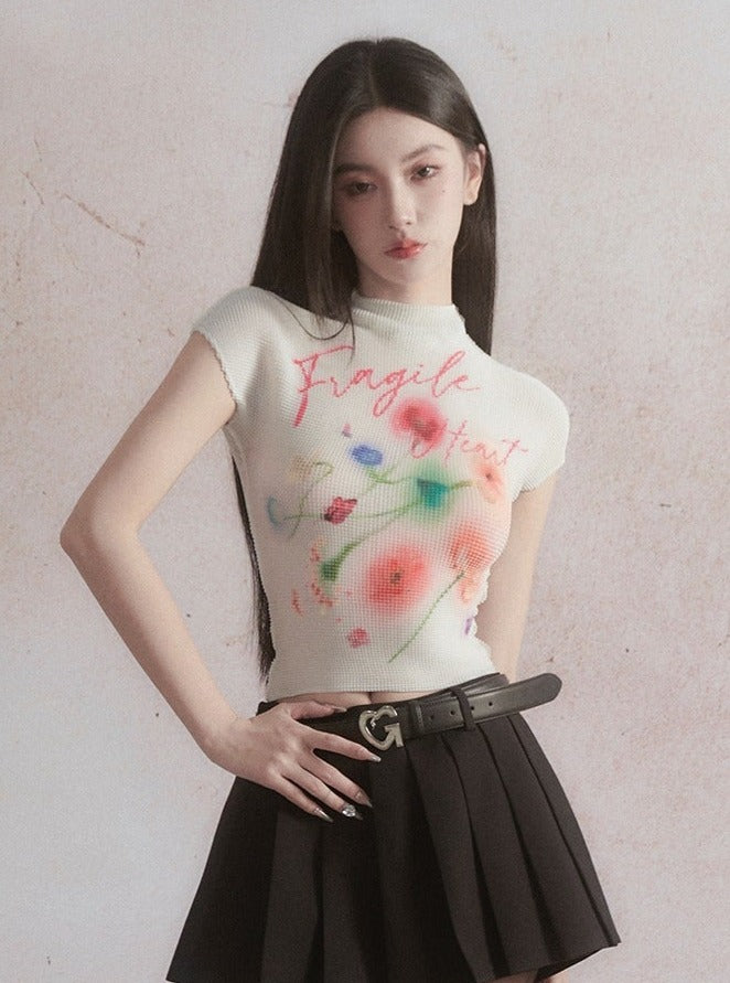 Watercolor Dreams Duo: Tie-Dye Lavender and Floral Print Cropped Mock Neck Tops