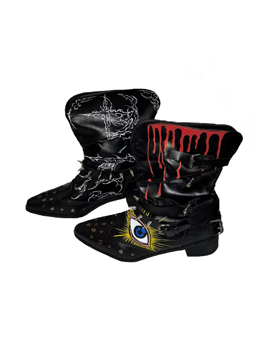 Graffiti Studded Pointed-Toe Buckle Boots - view 5