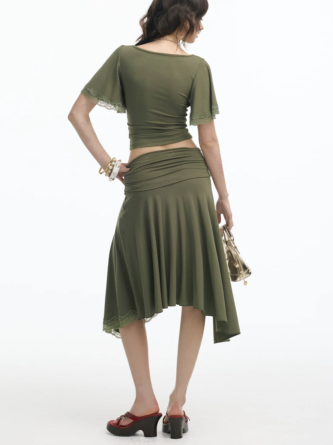 Olive Lace-Edge Crop Top or Draped Asymmetric Skirt - view 9