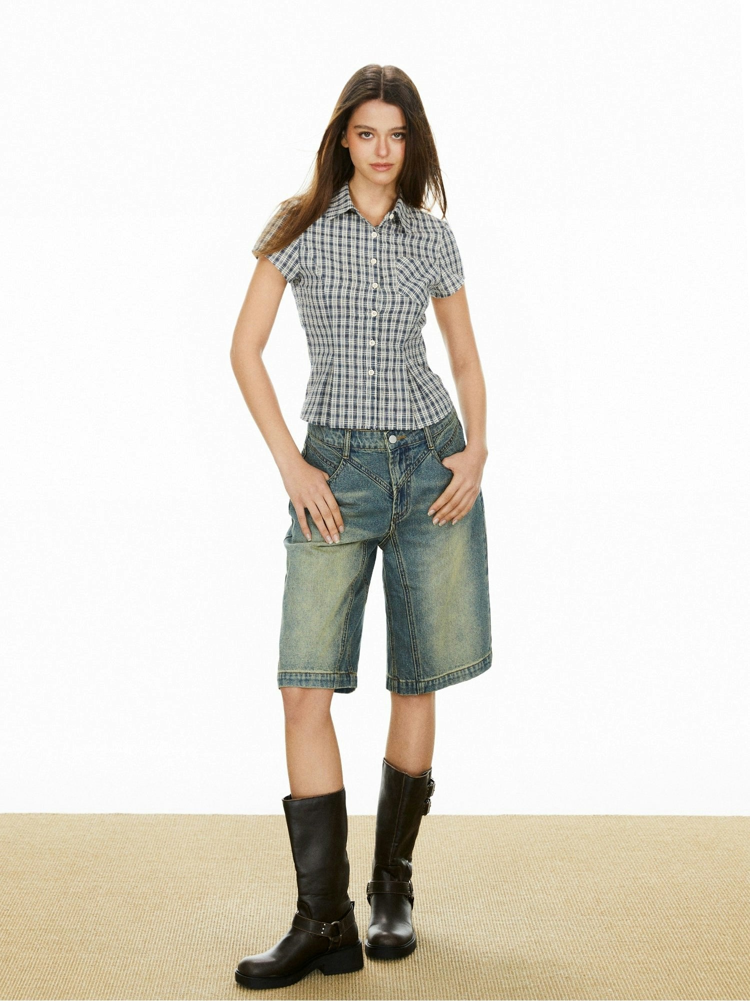 Contrast Stitching Denim Wide Leg Shorts