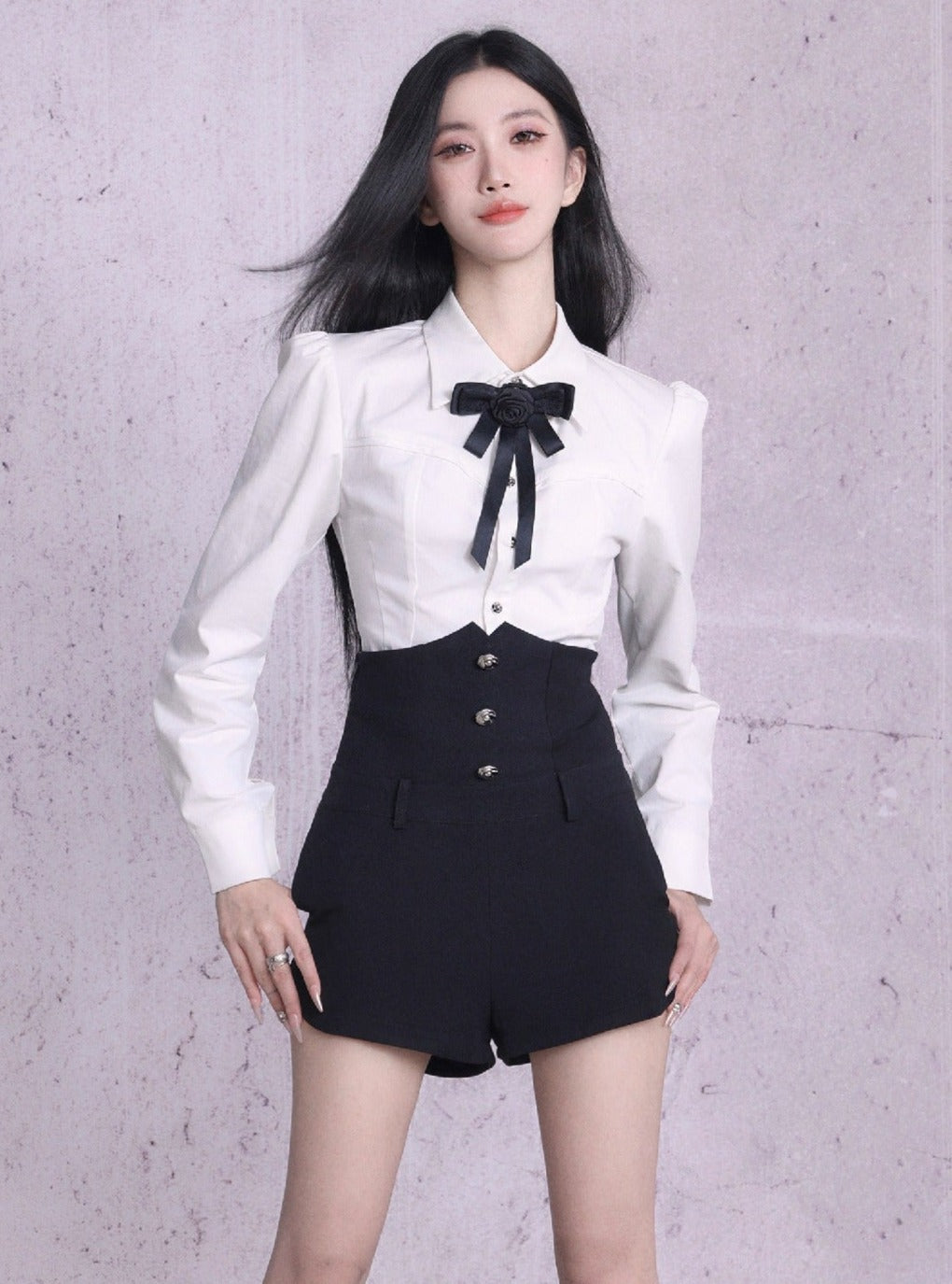 Elegant Contrast Bow-Tie Crop Blazer and High-Waist Shorts Set