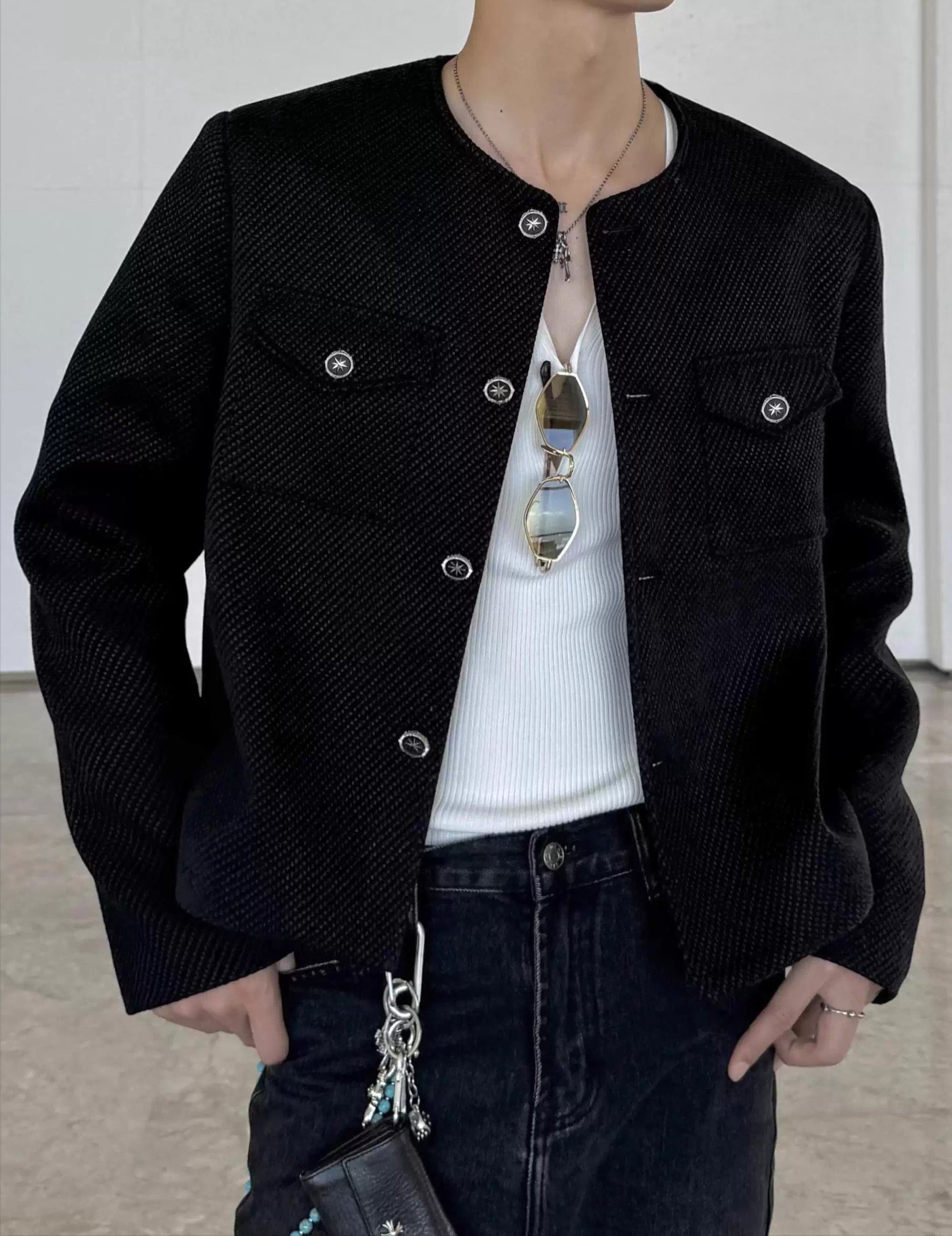 Black Textured Button-Up Jacket