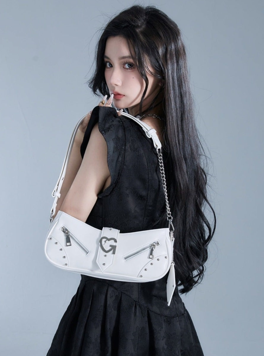 Edgy Baguette Shoulder Bag with Chain Strap