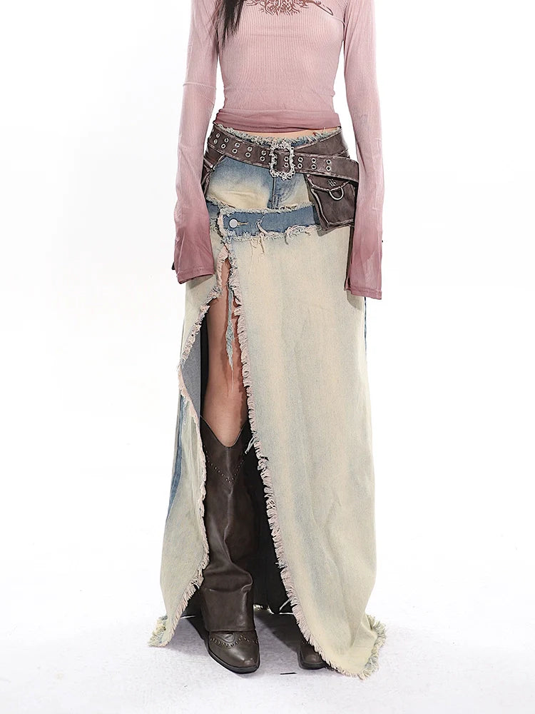 Distressed Denim Cowgirl Slit Skirt