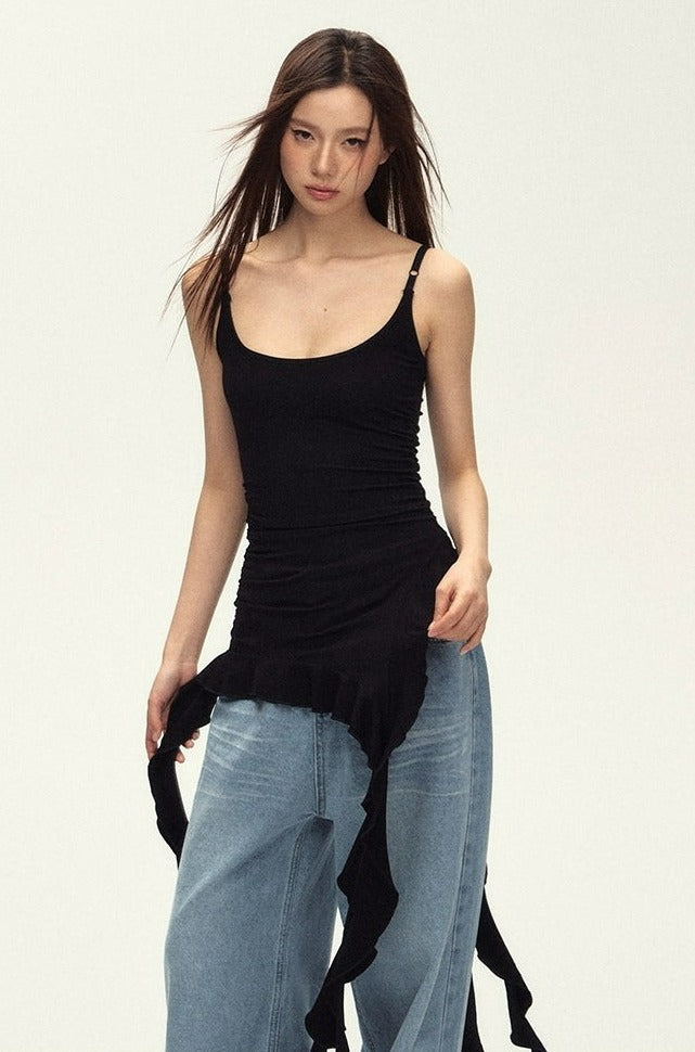 Ruched Asymmetric Black Cami Top