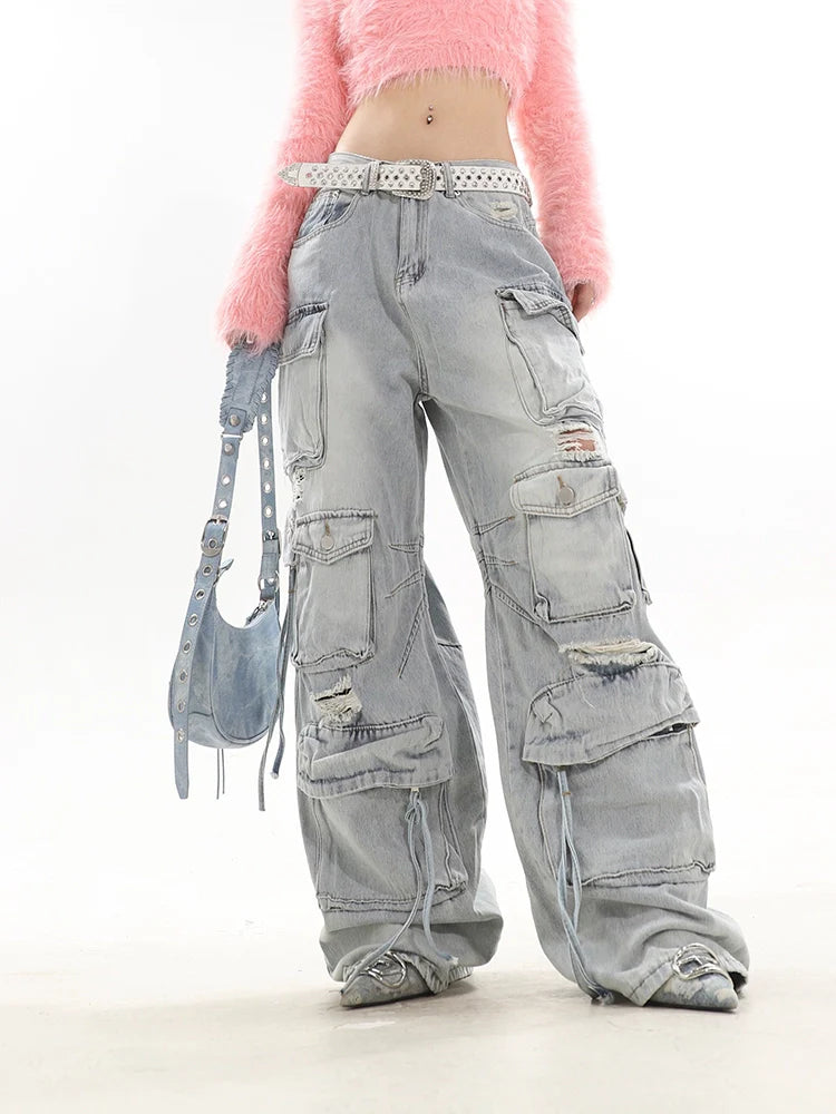 Distressed Multi-Pocket Cargo Jeans