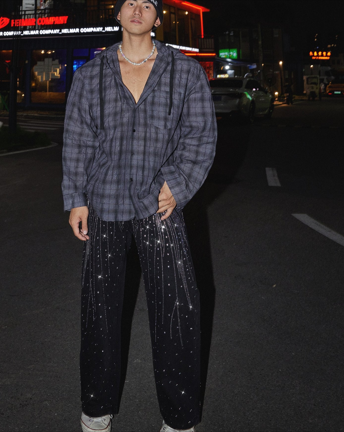Black Wide-Leg Pants with Silver Sequin Embellishments