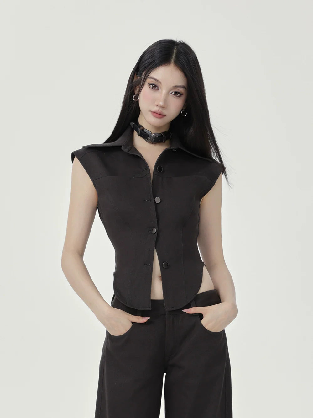 Black Sleeveless Button-Up Top