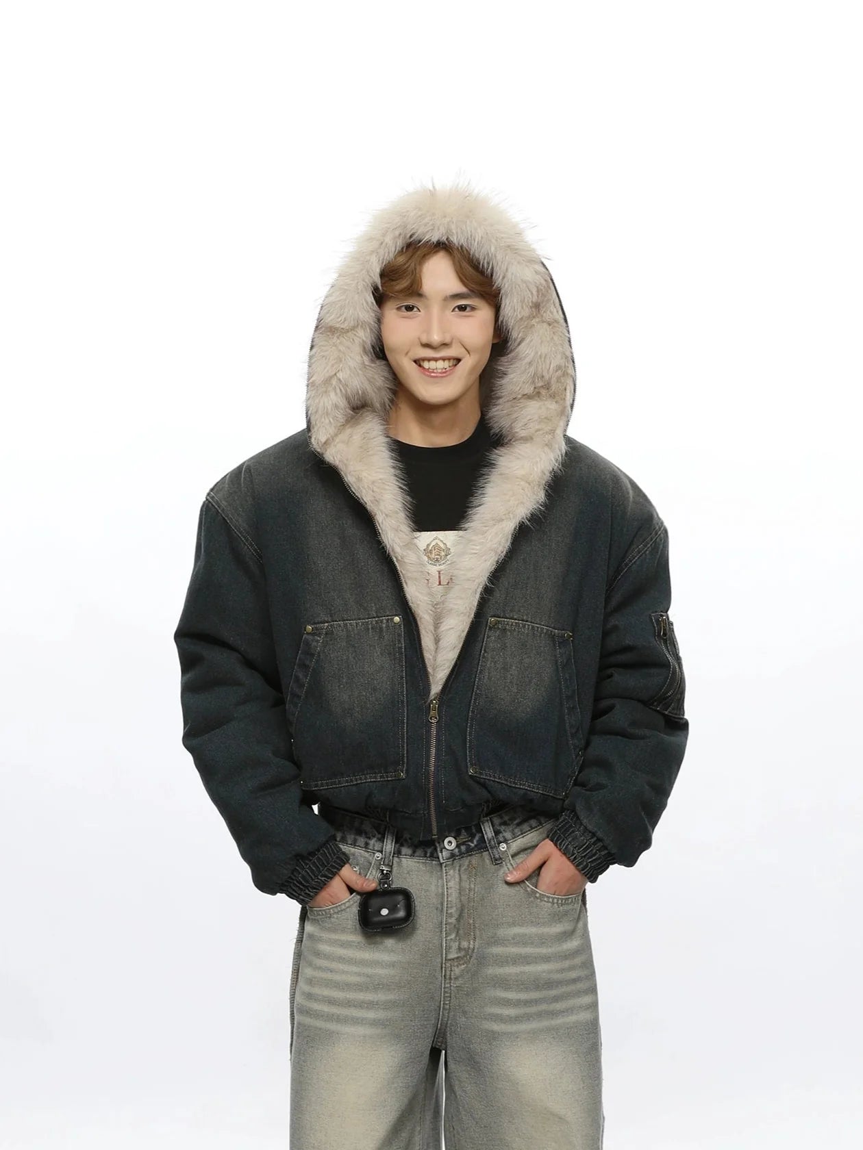 Fur-Lined Hooded Denim Bomber Jacket