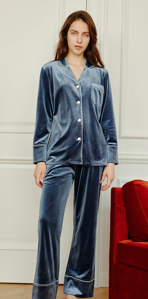 Long-Sleeve Velvet Loungewear Pajama Set - chiclara