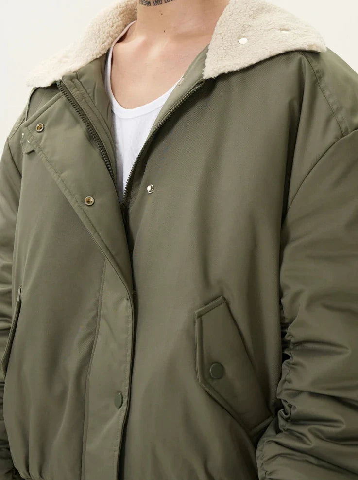 Ruched Sherpa Collar Military Bomber Jacket