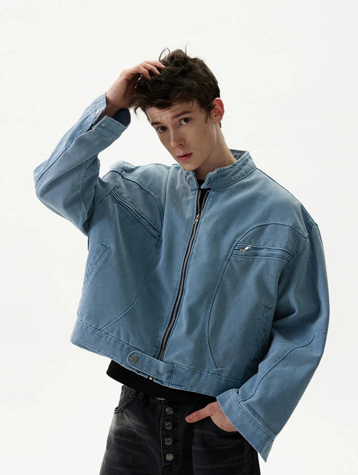 Mid Crop Light Denim Bomber Jacket