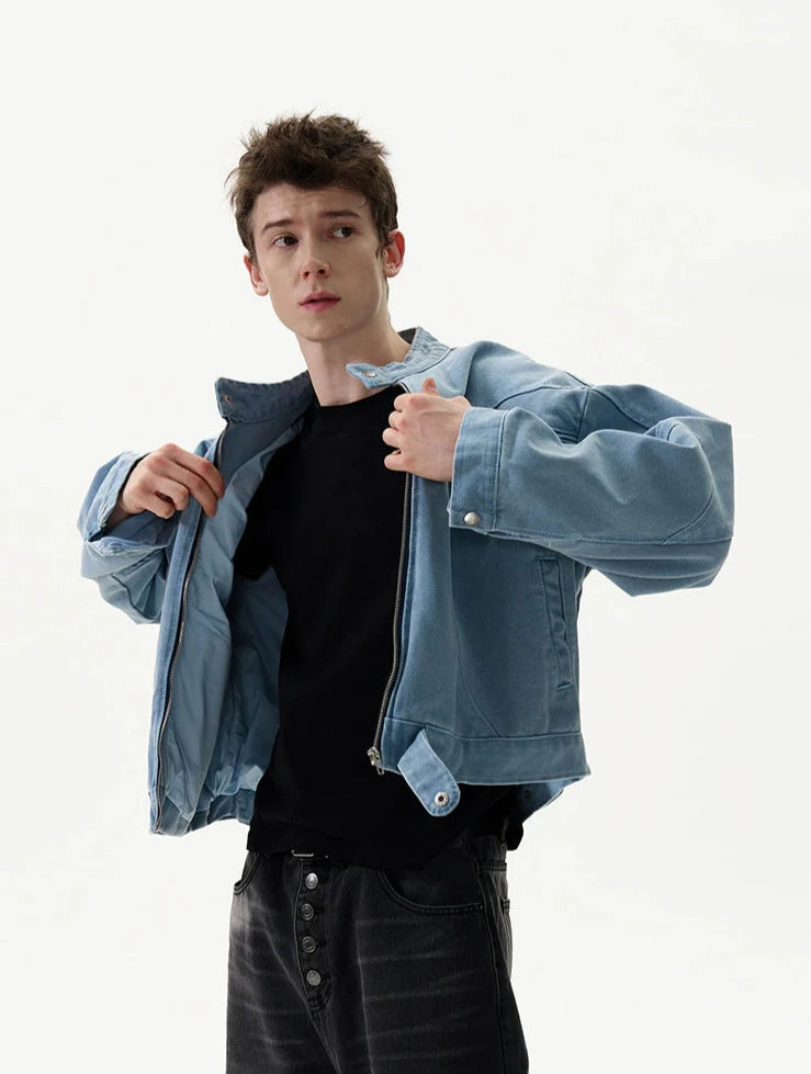 Mid Crop Light Denim Bomber Jacket