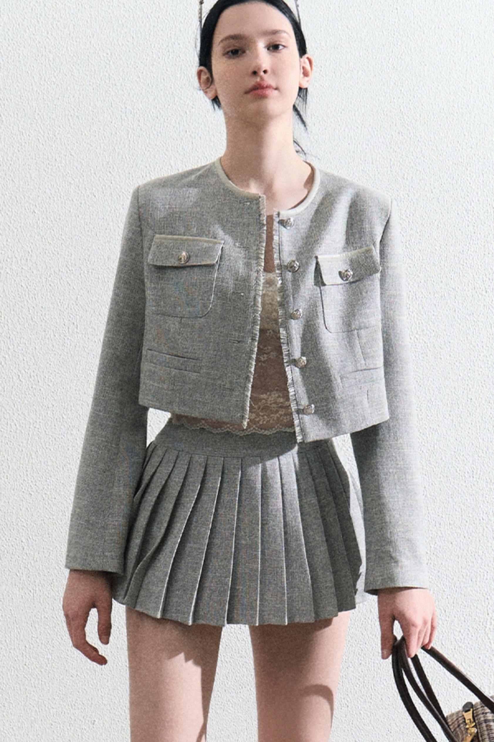 Grey Pleated Preppy School Blazer and Skirt Set